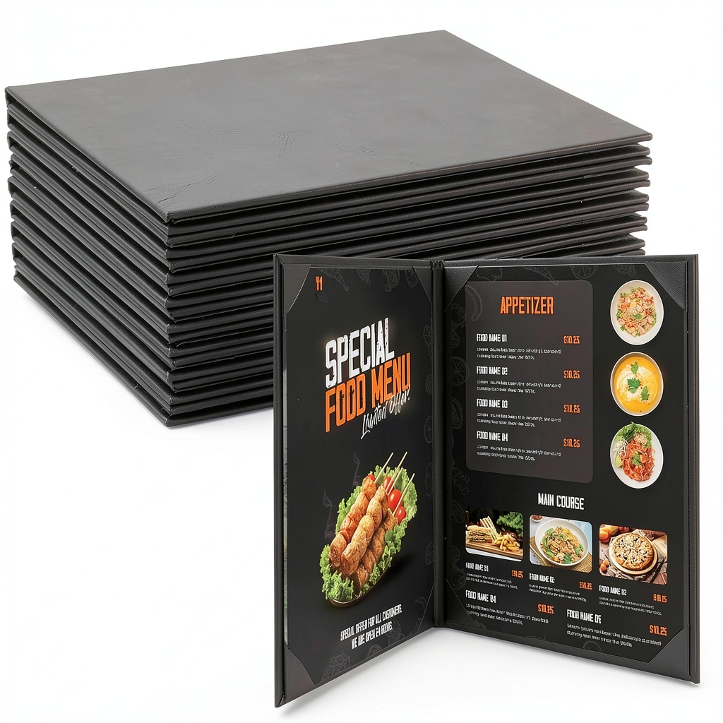 PU leather menu cover showing 2-view design on a restaurant table