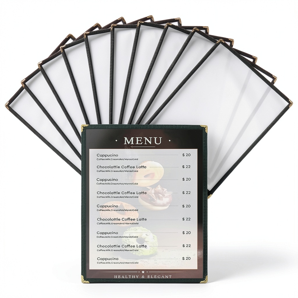 AMGSH clear menu cover inserted with a menu in a restaurant setting
